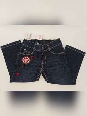 Gymboree Alpine Sweetie Dark Blue Denim Overalls with Pink & Red Embroidery